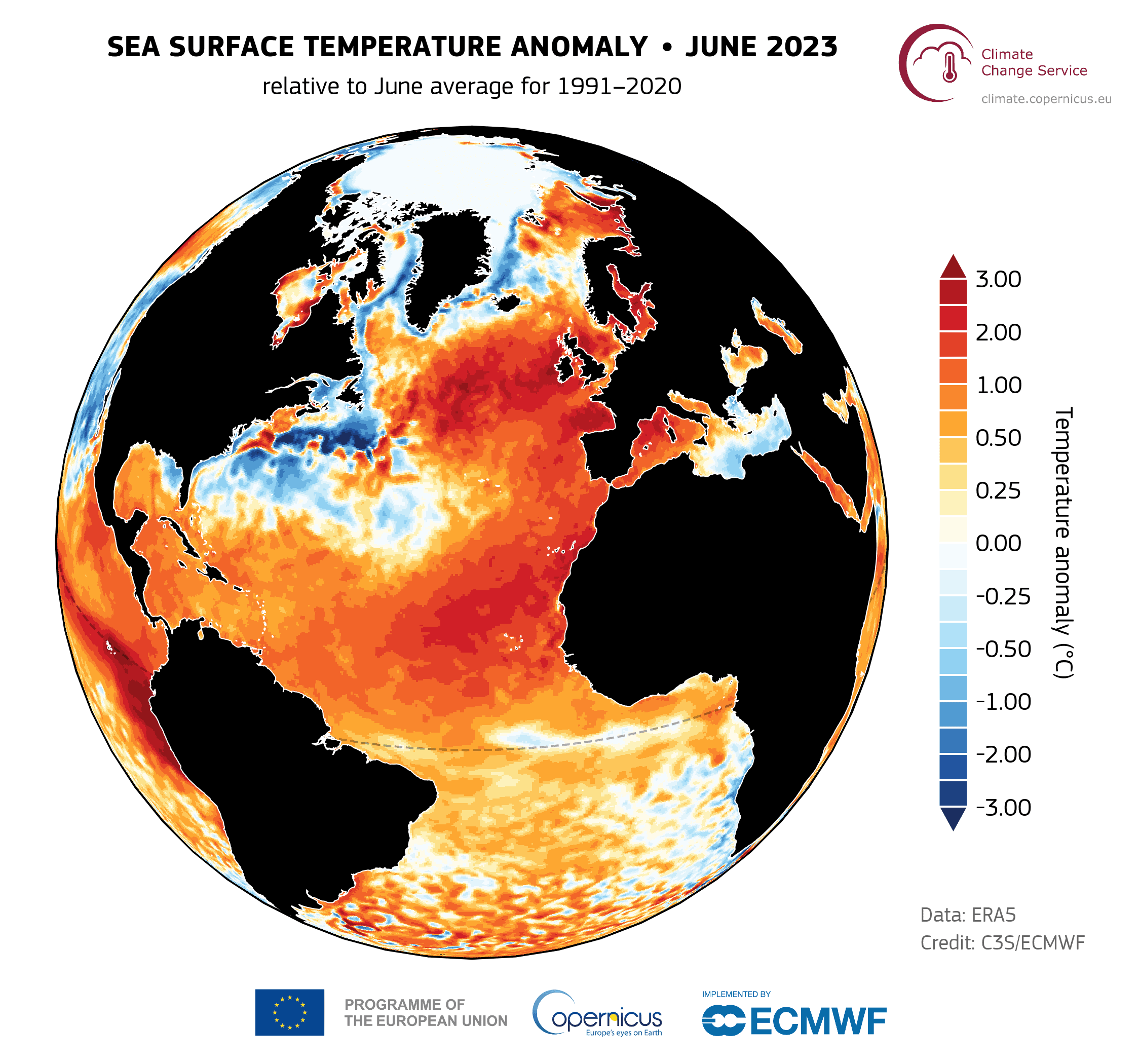 אנומליות הטמפרטורה באוקיינוסים (צילום: The Copernicus Programme)