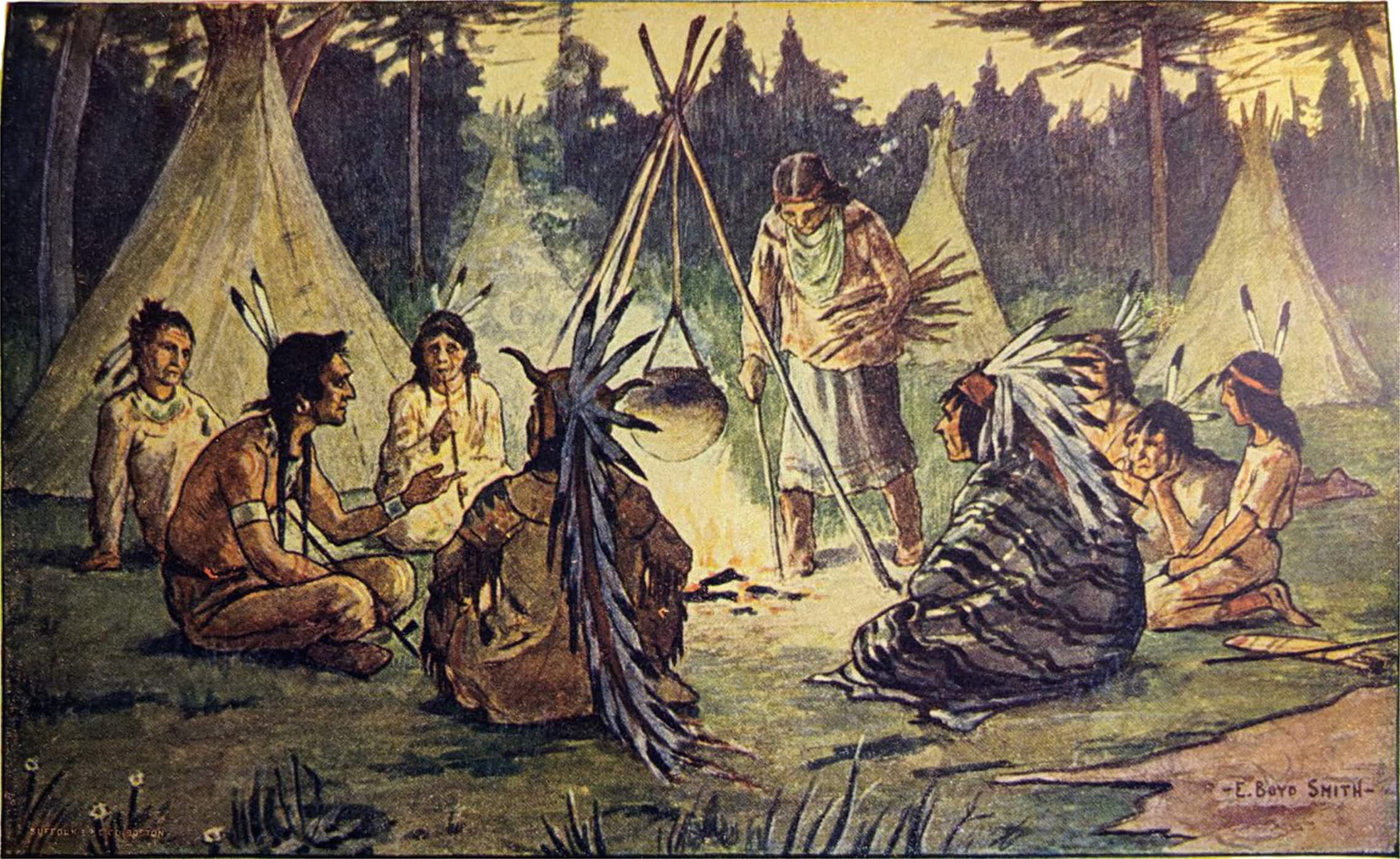 אינדיאנים ישובים מסביב למדורה, איור מ-1898 (צילום: iStock)