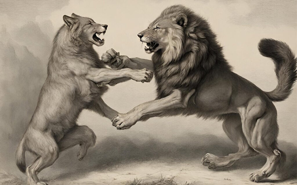 מאבק בין אריה וזאב, אילוסטרציה (צילום: Generated by Canva)