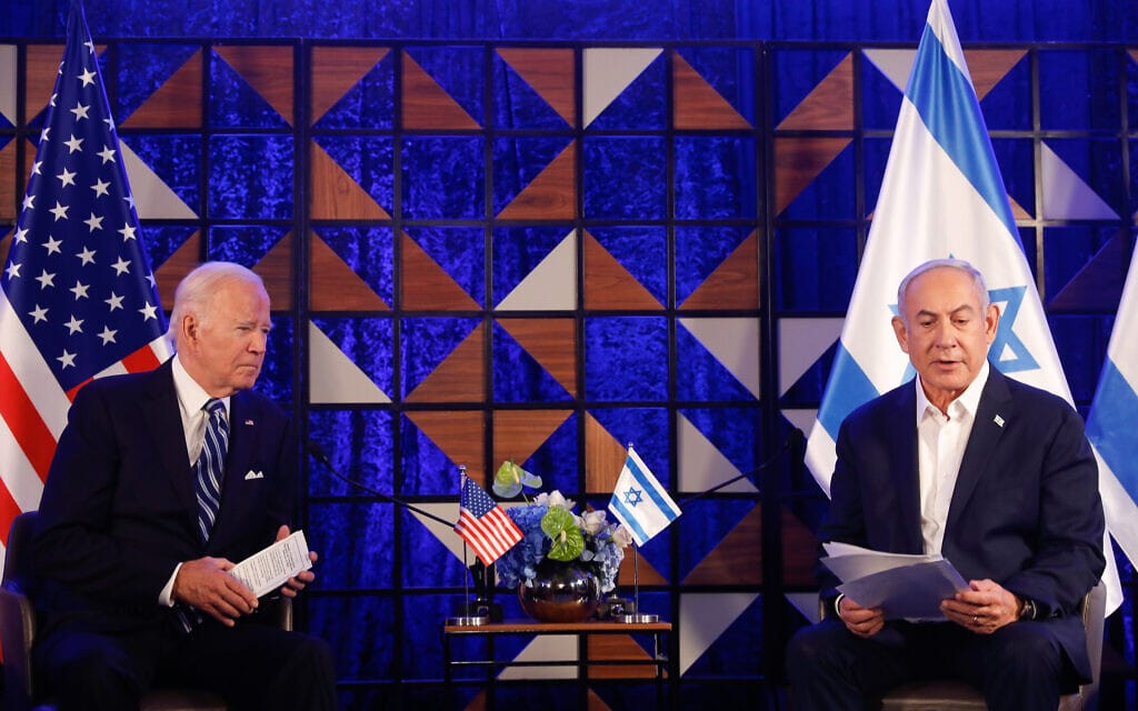 נשיא ארה&quot;ב ג&#039;ו ביידן וראש הממשלה בנימין נתניהו במלון קמפינסקי בתל אביב. 18 באוקטובר 2023 (צילום: Miriam Alster/Flash90)