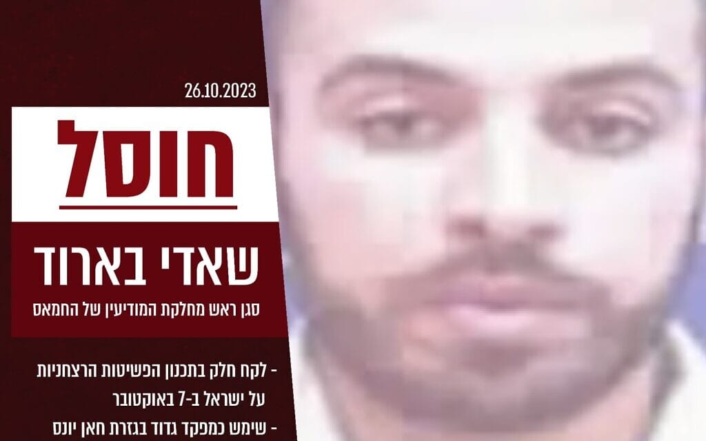 פעיל חמאס שאדי בארוד שחוסל על ידי צה"ל. 26 באוקטובר 2023 (צילום: דובר צה"ל) פעיל חמאס שאדי בארוד שחוסל על ידי צה"ל. 26 באוקטובר 2023 (צילום: דובר צה"ל)