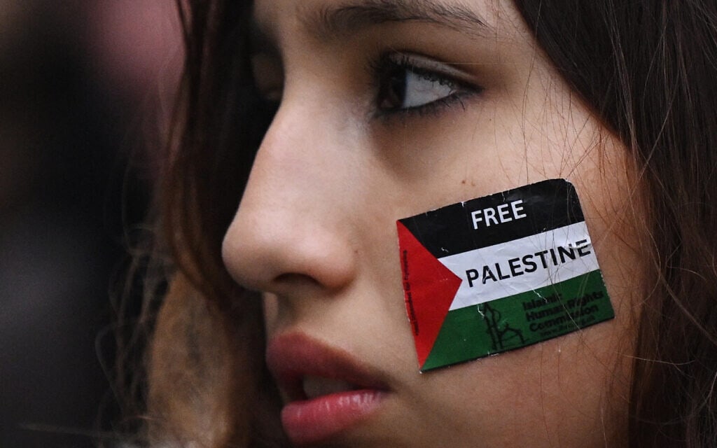 מפגינה פרו פלסטינית בבריטניה, 18 בנובמבר 2023 (צילום: JUSTIN TALLIS / AFP)