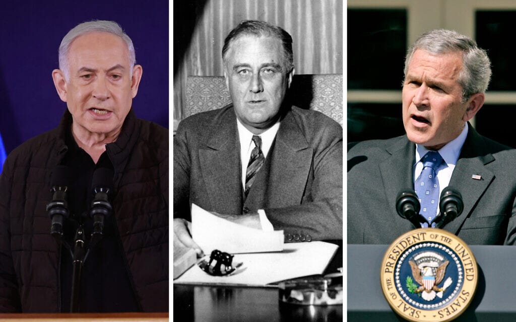 הנשיא ג&#039;ורג&#039; בוש, הנשיא פרנקלין רוזוולט וראש הממשלה בנימין נתניהו (צילום: איי-פי, פלאש90, מונטז&#039;)