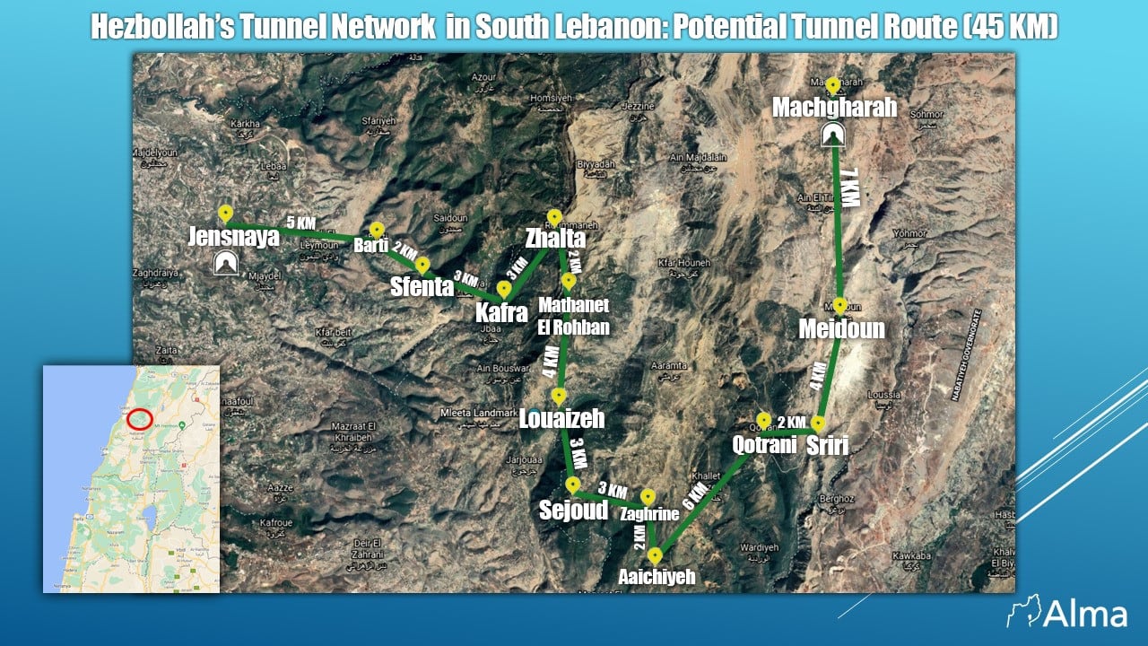 מפת המנהרה העצומה בדרום לבנון, באורך 45 קילומטרים (צילום: באדיבות מרכז עלמא)