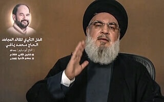 מזכ"ל חזבאללה חסן נסראללה נואם, 5 בינואר 2024 (צילום: צילום מסך מ"אל מנאר", AFP) מזכ"ל חזבאללה חסן נסראללה נואם, 5 בינואר 2024 (צילום: צילום מסך מ"אל מנאר", AFP)