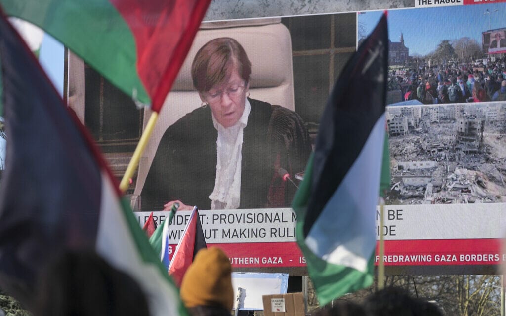 פעילים פרו-פלסטינים מניפים דגלים במהלך ישיבת בית הדין הבינלאומי לצדק בהאג. 26 בינואר, 2024 (צילום: AP Photo/Patrick Post)