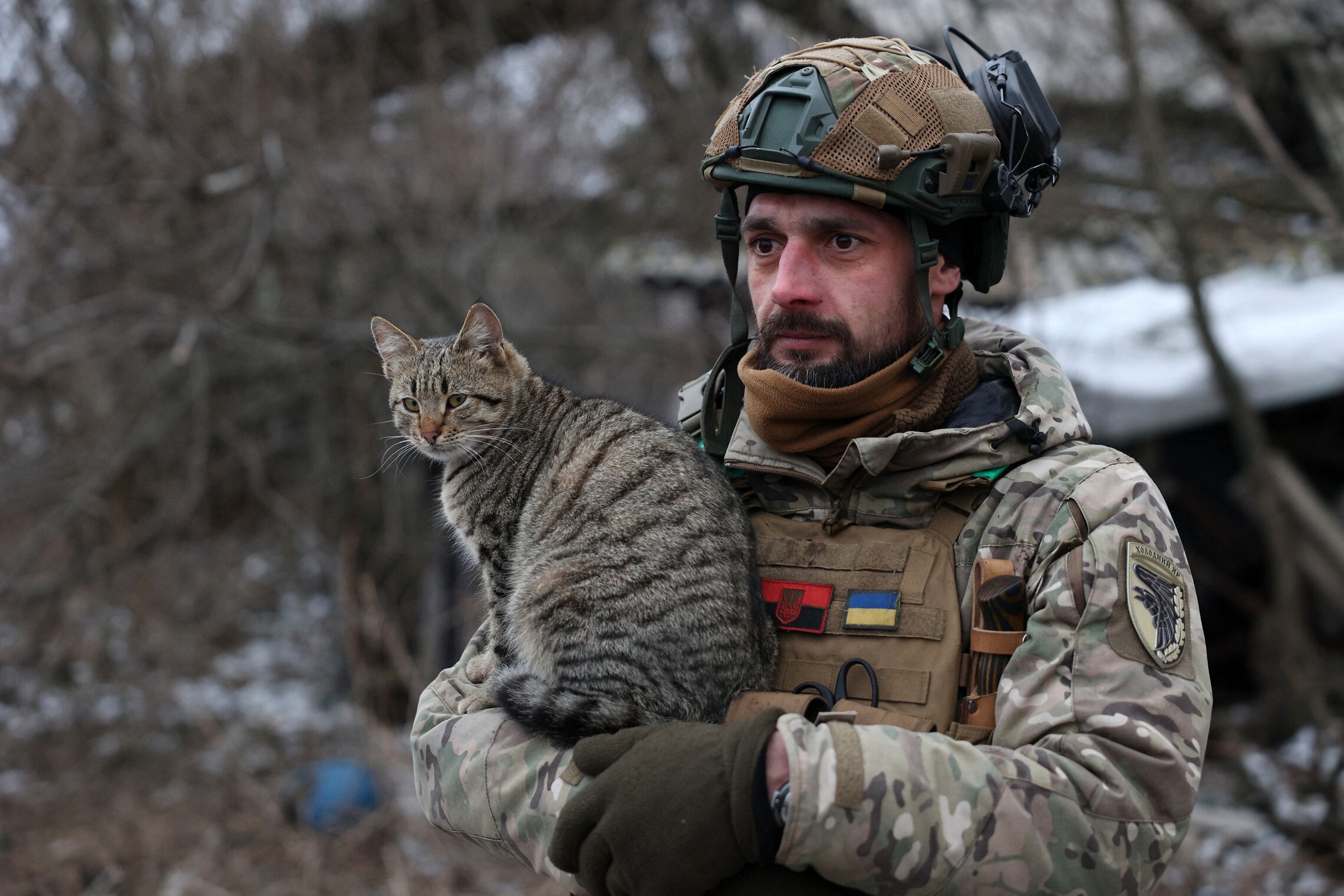 חייל אוקראיני מחזיק חתול בחזית בבאחמוט, מחוז דונצק, 20 בפברואר 2024 (צילום: Anatolii STEPANOV / AFP)