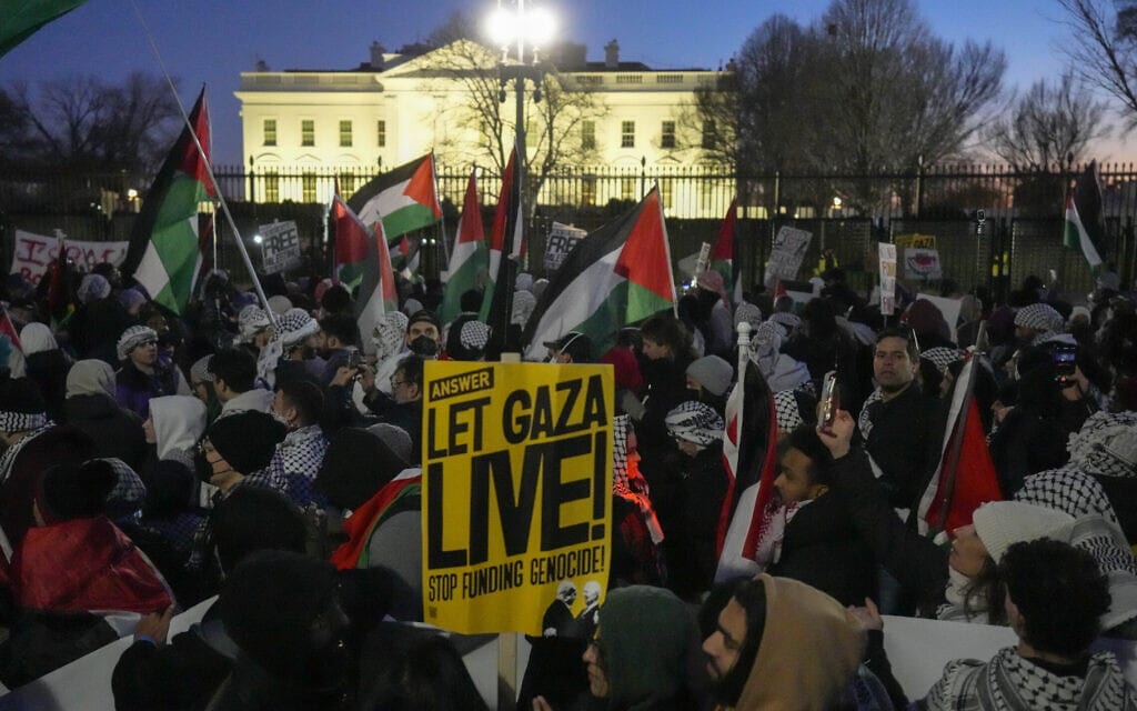 הפגנה פרו-פלסטינית מול הבית הלבן בוושינגטון הבירה, 13 בינואר 2024 (צילום: AP Photo/Mark Schiefelbein)
