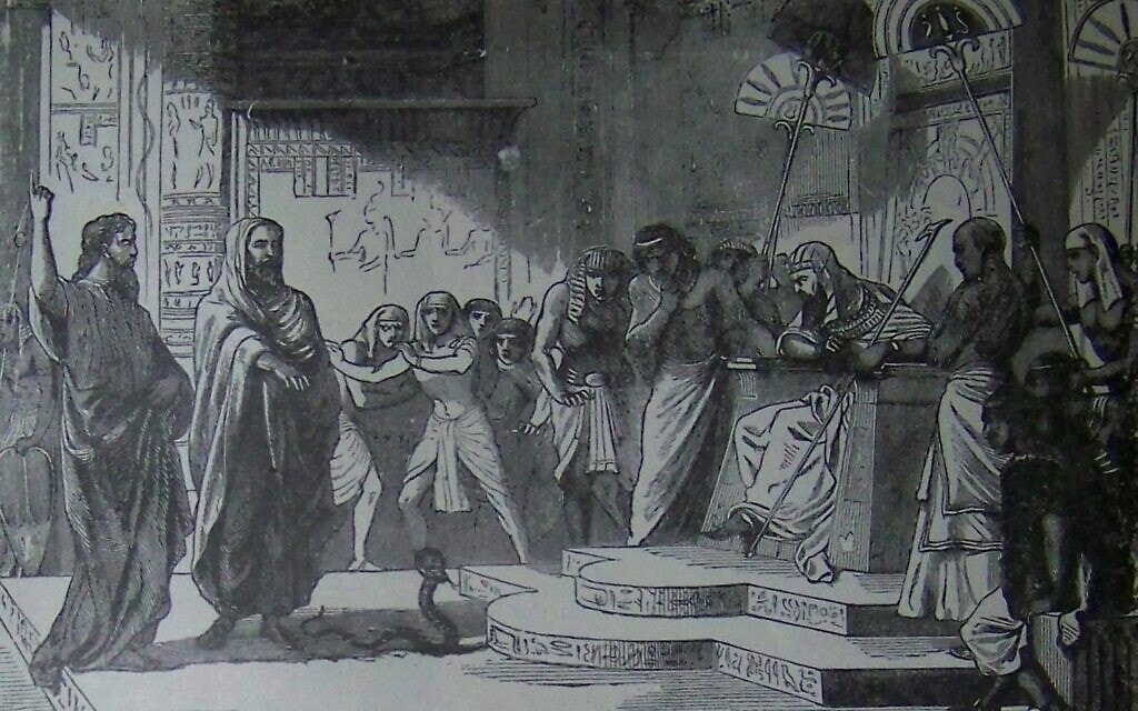 משה רבנו ואהרון ניצבים מול המלך פרעה, איור מתנ"ך הולמן משנת 1890 (צילום: ויקיפדיה)