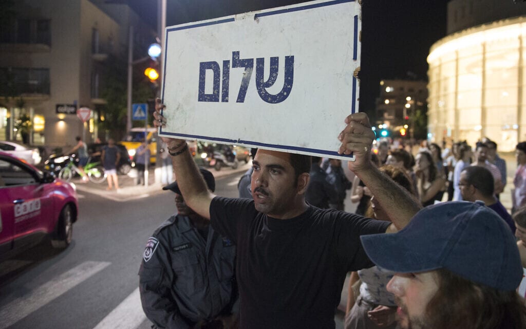 שלט בהפגנה בכיכר הבימה בתל אביב בשנת 2014 (צילום: דניאל שטרית/פלאש90)