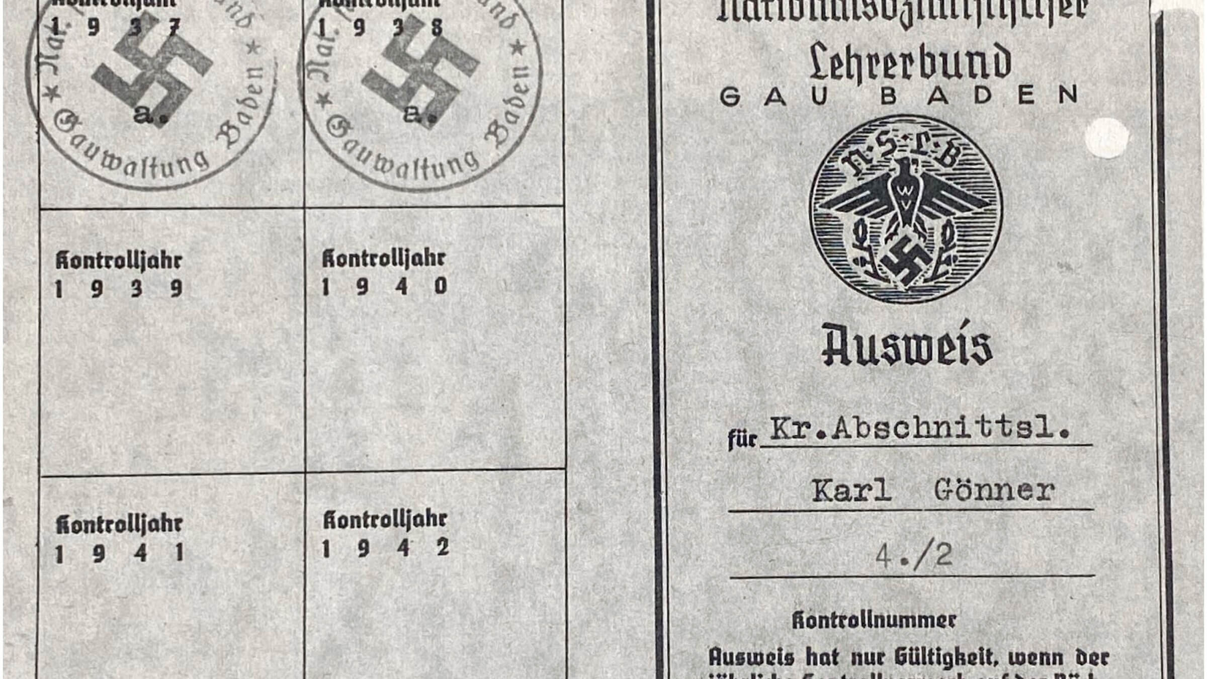 תעודת החבר של קרל גונר בליגת המורים הנאצית (צילום: Landesarchiv Baden Warttemberg/ Staatsarchiv Freiburg)