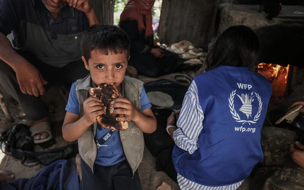 ילד פלסטיני אוכל פיתה באחת המאפיות שהקים ארגון המזון העולמי ברצועת עזה (צילום: WFP/Ali Jadallah)