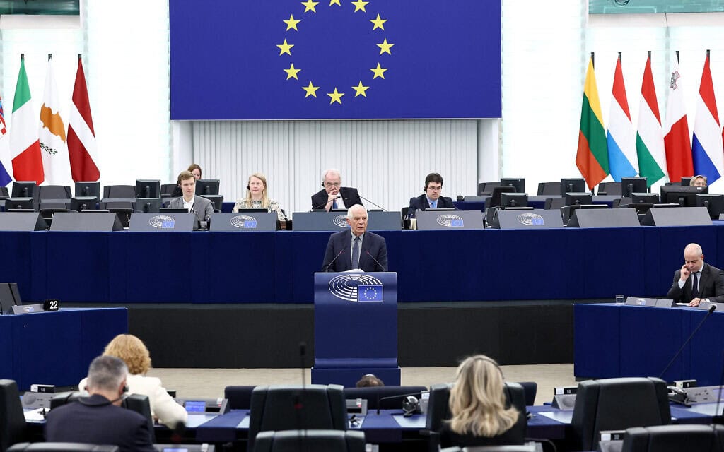 שרי החוץ של האיחוד האירופי בדיון בפרלמנט האירופי בשטרסבורג, על הרחבת הסנקציות על איראן. 24 באפריל 2024 (צילום: FREDERICK FLORIN / AFP)