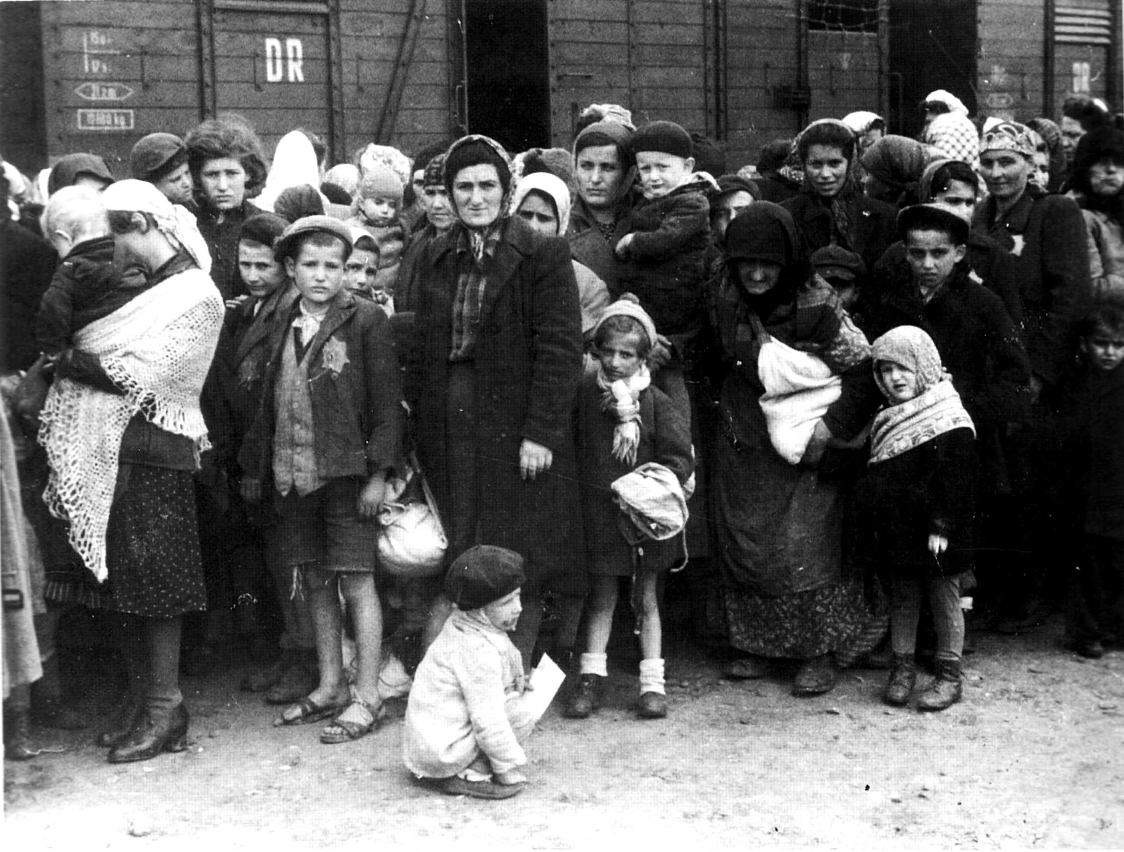 קיץ 1944, קבוצת מגורשים יהודים מהונגריה מגיעה ברציף הרכבת של מחנה ההשמדה אושוויץ (צילום: Bundesarchiv, ויקיפדיה)