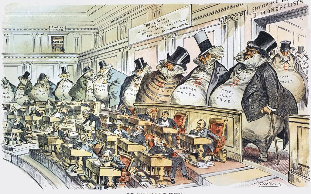 הקריקטורה &quot;הבוסים של הסנאט&quot; משנת 1889 מאת ג&#039;וזף קפלר שהפכה לסמל לעידן המוזהב (צילום: ג&#039;וזף קפלר)