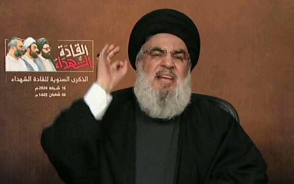 Le secrétaire du Hezbollah Hassan Nasrallah s'exprime sur la chaîne de télévision "Al-Manar" Au Liban, le 16 février 2024 (Photo : Al-Manar / AFP)