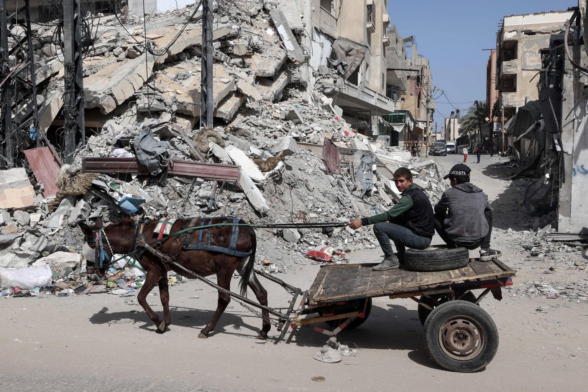 נערים פלסטינים נוסעים בעגלה רתומה לחמור ליד בניין שנהרס בהפצצה ישראלית ברפיח, דרום רצועת עזה, 31 במרץ 2024 (צילום: Mahmud Hams / AFP)