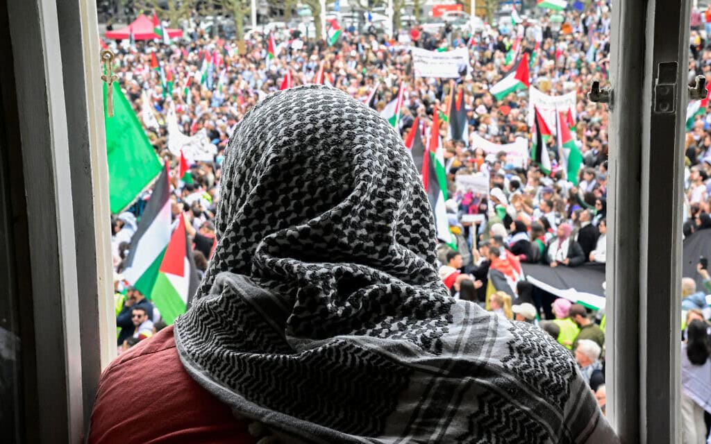 מפגינים פרו-פלסטינים במחאה נגד השתתפות ישראל באירוויזיון, מאלמו, שוודיה, 11 במאי 2024 (צילום: Tobias SCHWARZ / AFP)