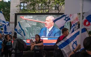 מפגינים נגד נתניהו וההפיכה המשפטית, ניו יורק, ספטמבר 2023 (צילום: Luke Tress/Flash90) מפגינים נגד נתניהו וההפיכה המשפטית, ניו יורק, ספטמבר 2023 (צילום: Luke Tress/Flash90)