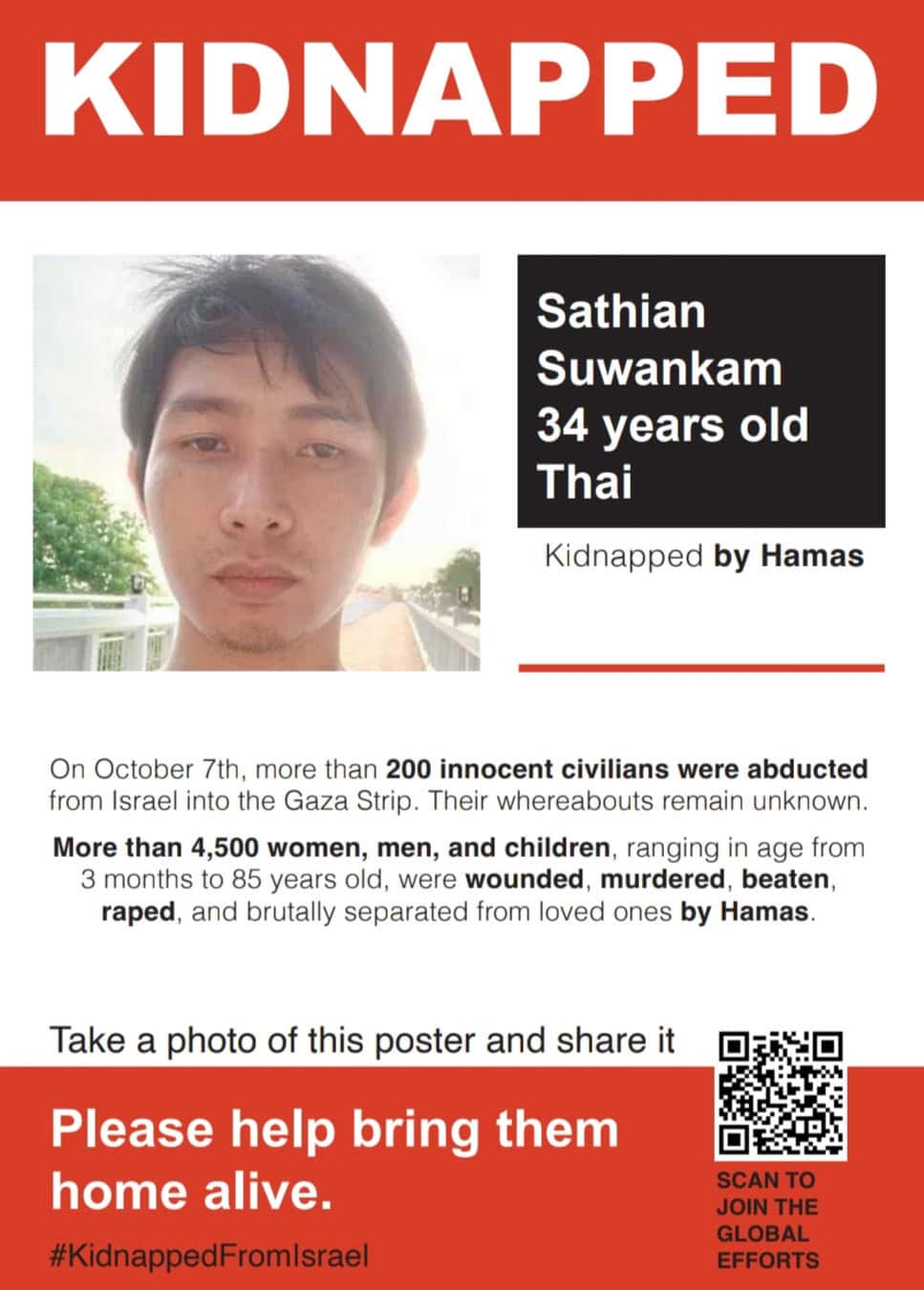 כרזה עם תמונתו של סאתיאן סואנקם, (Sathian Suwankam), אזרח תאילנד שנחטף לעזה