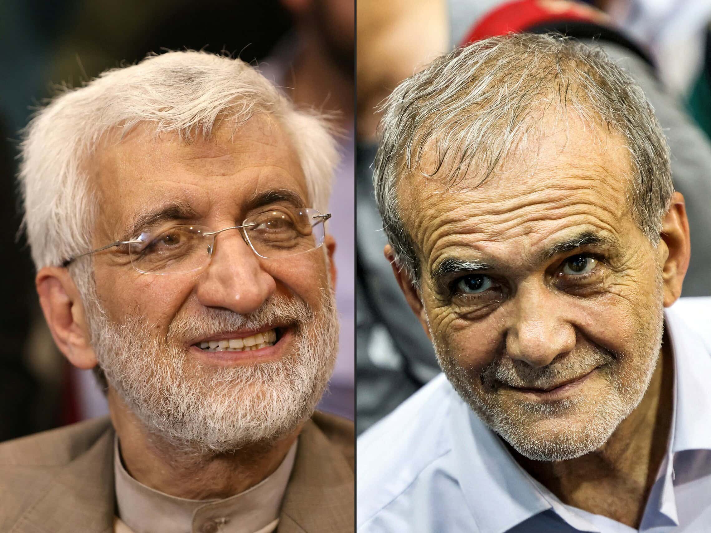 מסעוד פזשכיאן (מימין) וסעיד ג&#039;לילי, שהעפילו לסיבוב השני בבחירות לנשיאות איראן ב-2024 (צילום: ATTA KENARE / AFP)