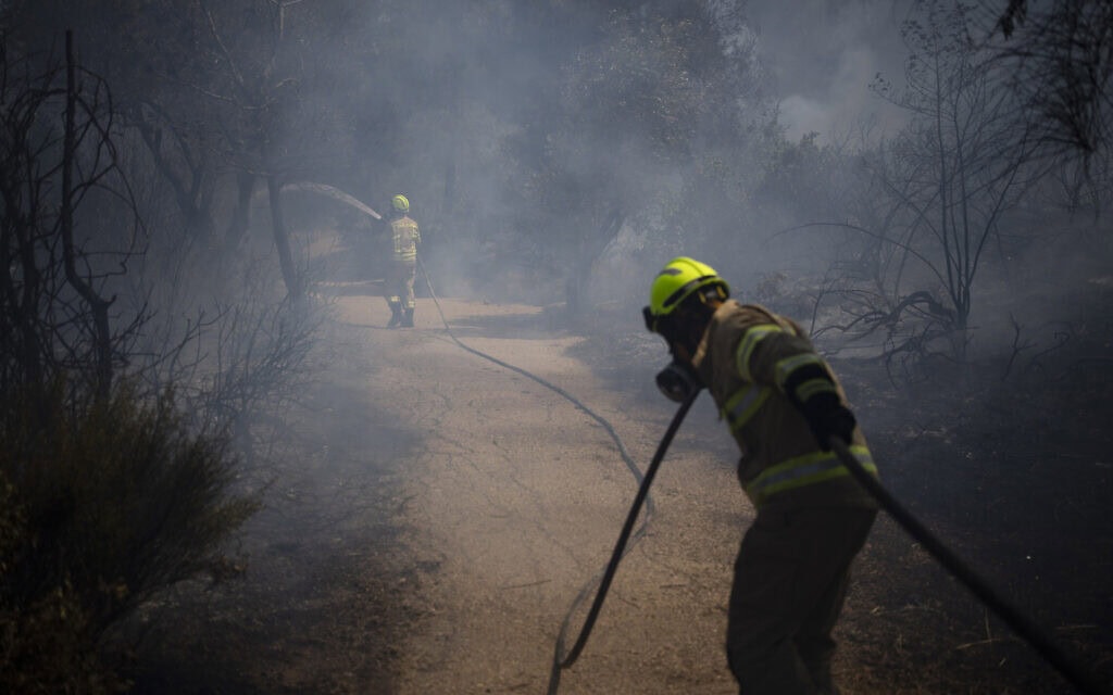כבאי ם פועלים לכבות שרפה שפרצה בירושלים, 2 ביוני 2024 (צילום: AP Photo/Leo Correa)