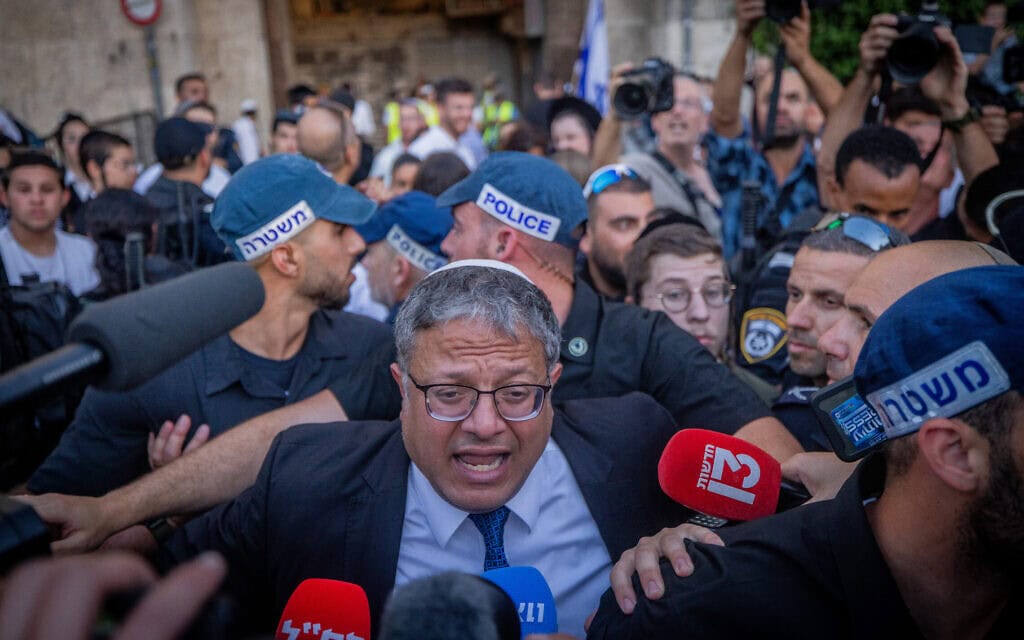 איתמר בן גביר בשער שכם בירושלים ביום ירושלים, 4 ביוני 2024 (צילום: Chaim Goldberg/Flash90)