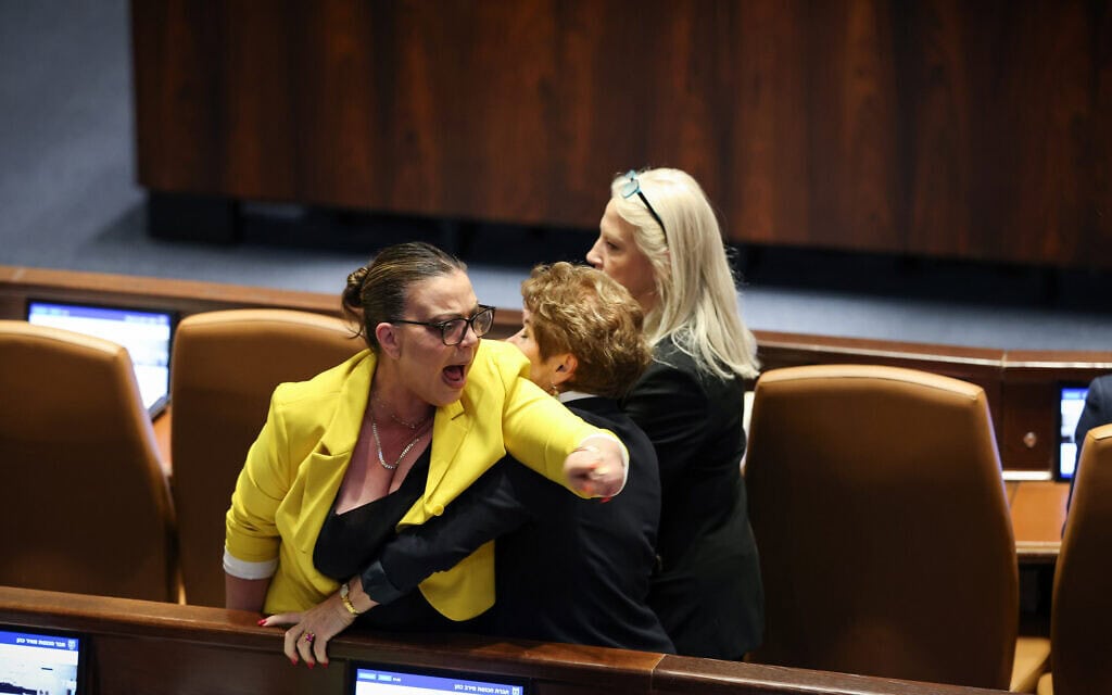 חברת הכנסת גלית דיסטל אטבריאן נעצרת על ידי מאבטחות משמר הכנסת לאחר שתקפה מילולית את ח"כ נעמה לזימי והתקרבה אליה. 17 ביולי 2024 (צילום: נועם מושקוביץ - דוברות הכנסת) חברת הכנסת גלית דיסטל אטבריאן נעצרת על ידי מאבטחות משמר הכנסת לאחר שתקפה מילולית את ח"כ נעמה לזימי והתקרבה אליה. 17 ביולי 2024 (צילום: נועם מושקוביץ - דוברות הכנסת)