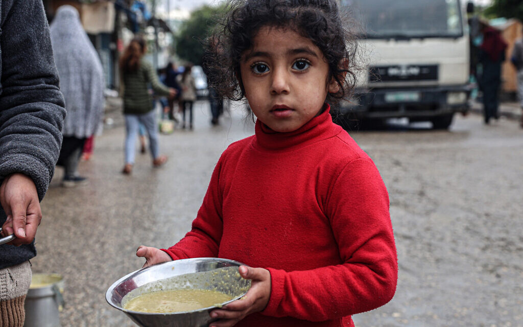 ילדה פלסטינית מקבלת מנת אוכל מארגוני הסיוע ברפיח, פברואר 2024 (צילום: SAID KHATIB / AFP)