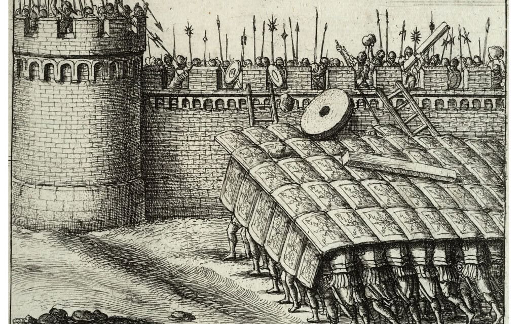 הצבא הרומי במערך הגנתי של "שריון צב" (צילום: תחריט מהמאה ה-17 של Wenceslaus Hollar, ויקיפדיה)