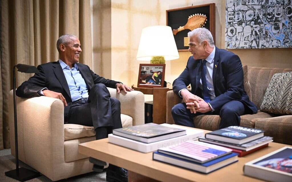 נשיא ארה"ב לשעבר, ברק אובמה, ויו"ר האופוזיציה ורה"מ לשעבר יאיר לפיד, בפגישה בוושינגטון, 16 בספטמבר 2024 (צילום: שחר עזרן) נשיא ארה"ב לשעבר, ברק אובמה, ויו"ר האופוזיציה ורה"מ לשעבר יאיר לפיד, בפגישה בוושינגטון, 16 בספטמבר 2024 (צילום: שחר עזרן)