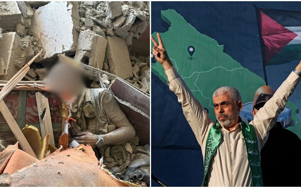 מנהיג חמאס יחיא סנוואר; משמאל: תיעוד שבו נראה לכאורה סנוואר לאחר שנהרג (צילום: MAHMUD HAMS / AFP / טלגרם, מונטאז') מנהיג חמאס יחיא סנוואר; משמאל: תיעוד שבו נראה לכאורה סנוואר לאחר שנהרג (צילום: MAHMUD HAMS / AFP / טלגרם, מונטאז')