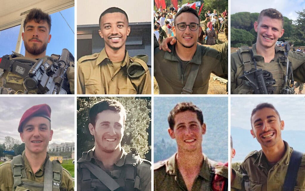 לוחמי צה"ל שנפלו בקרבות בדרום לבנון ב-2 באוקטובר 2024. בשורה הראשונה, מימין: סרן איתן יצחק אוסטר, רס״ל אור מנצור, סמ״ר עלמקאן טרפה וסמ״ר עידו ברויר. בשורה התחתונה, מימין: סרן איתי אריאל גיאת, רס״ל נועם ברזילי, סרן הראל אטינגר ורס״ל נזר איטקין (צילום: דובר צה"ל) לוחמי צה"ל שנפלו בקרבות בדרום לבנון ב-2 באוקטובר 2024. בשורה הראשונה, מימין: סרן איתן יצחק אוסטר, רס״ל אור מנצור, סמ״ר עלמקאן טרפה וסמ״ר עידו ברויר. בשורה התחתונה, מימין: סרן איתי אריאל גיאת, רס״ל נועם ברזילי, סרן הראל אטינגר ורס״ל נזר איטקין (צילום: דובר צה"ל)