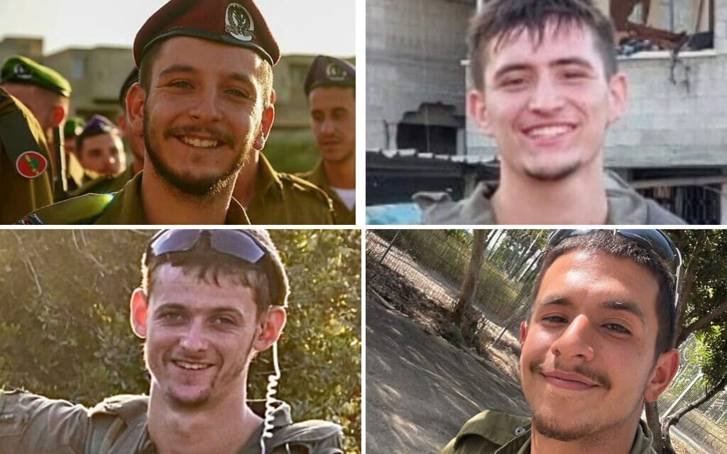 מימין למעלה ולפי כיוון השעון: סמל ראשון ניסים מיטל, סמל ראשון נאור חיימוב, סמל ראשון אביב גלבוע וסרן יהונתן (ג'וני) קרן, שנהרגו בקרב בצפון רצועת עזה (צילום: מתוך אתר צה"ל) מימין למעלה ולפי כיוון השעון: סמל ראשון ניסים מיטל, סמל ראשון נאור חיימוב, סמל ראשון אביב גלבוע וסרן יהונתן (ג'וני) קרן, שנהרגו בקרב בצפון רצועת עזה (צילום: מתוך אתר צה"ל)