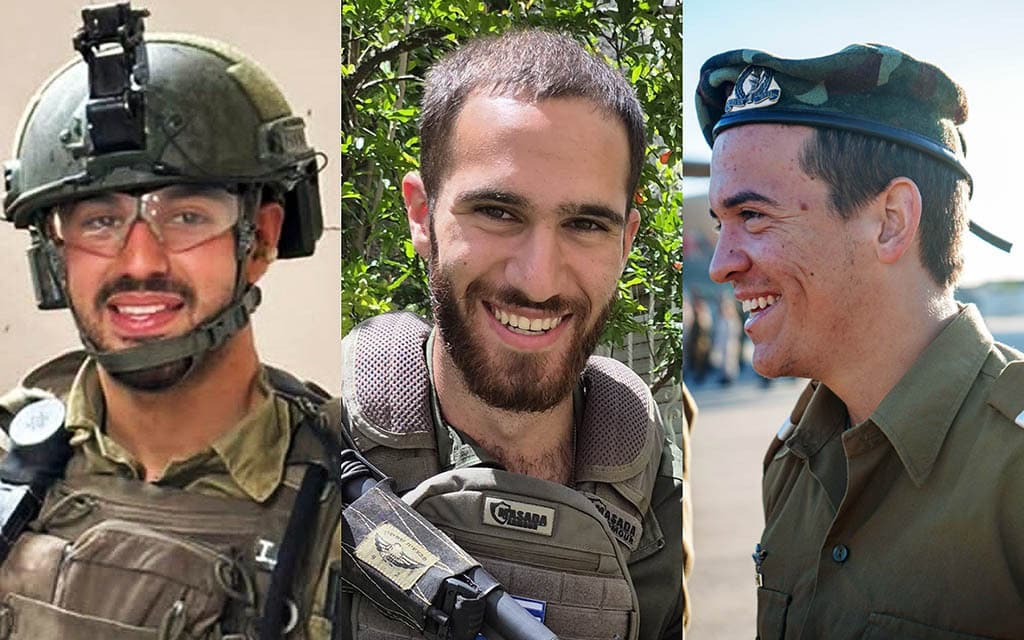 רב-סמל במילואים הִלל דינר (מימין), סמל ראשון נתנאל פסח וסרן איליי גבריאל אטדגי, שנהרגו בקרב בצפון רצועת עזה ב-23 בדצמבר 2024 (צילום: אתר צה"ל) רב-סמל במילואים הִלל דינר (מימין), סמל ראשון נתנאל פסח וסרן איליי גבריאל אטדגי, שנהרגו בקרב בצפון רצועת עזה ב-23 בדצמבר 2024 (צילום: אתר צה"ל)