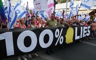 שלט הנישא בהפגנה נגד שקרי המשטרה, ינואר 2025 (צילום: אלון קורנגרין) שלט הנישא בהפגנה נגד שקרי המשטרה, ינואר 2025 (צילום: אלון קורנגרין)