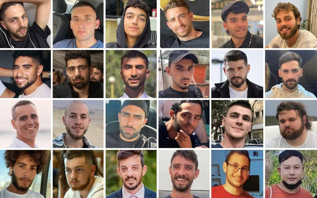 24 החטופים אשר עדיין בחיים ומוחזקים בידי חמאס בעזה, נכון ל-30 מרץ 2025. שורה ראשונה מימין: אלון אהל, יוסף חיים אוחנה, אבינתן אור, עידן אלכסנדר, מתן אנגרסט, אלקנה בוחבוט. שורה שנייה מימין: גלי ברמן, זיו ברמן, רום ברסלבסקי, ב'יפין ג'ושי, גיא גלבוע-דלאל, אביתר דוד. שורה שלישית מימין: איתן הורן, מקסים הרקין, נמרוד כהן, שגב כלפון, איתן מור, עמרי מירן. שורה תחתונה מימין: פינטה נטפונג, תמיר נמרודי, אריאל קוניו, דוד קוניו, בר קופרשטיין, מתן צנגאוקר 24 החטופים אשר עדיין בחיים ומוחזקים בידי חמאס בעזה, נכון ל-30 מרץ 2025. שורה ראשונה מימין: אלון אהל, יוסף חיים אוחנה, אבינתן אור, עידן אלכסנדר, מתן אנגרסט, אלקנה בוחבוט. שורה שנייה מימין: גלי ברמן, זיו ברמן, רום ברסלבסקי, ב'יפין ג'ושי, גיא גלבוע-דלאל, אביתר דוד. שורה שלישית מימין: איתן הורן, מקסים הרקין, נמרוד כהן, שגב כלפון, איתן מור, עמרי מירן. שורה תחתונה מימין: פינטה נטפונג, תמיר נמרודי, אריאל קוניו, דוד קוניו, בר קופרשטיין, מתן צנגאוקר