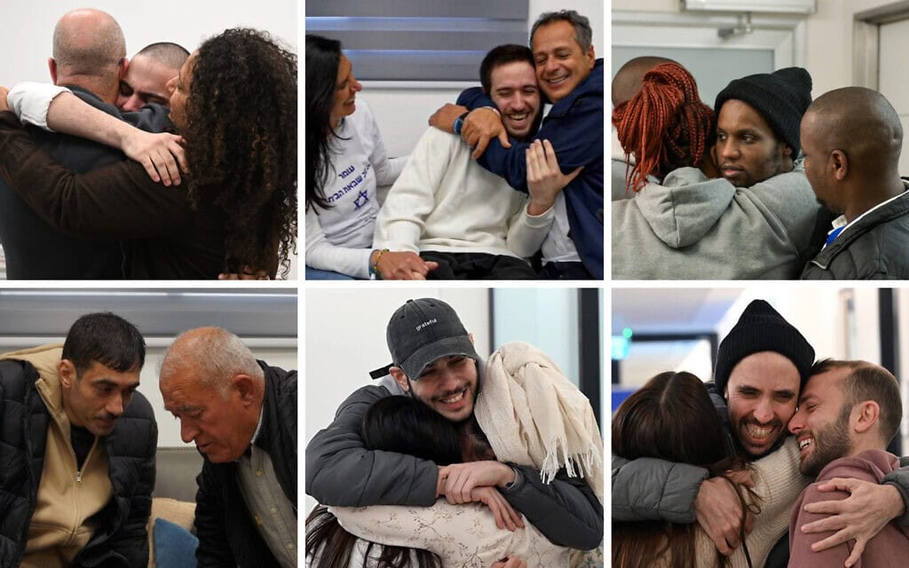 ששת החטופים ששבו לישראל מתאחדים עם משפחותיהם: אברה מנגיסטו, עומר שם טוב, עומר ונקרט, טל שהם, אלי-ה כהן, הישאם א-סייד (צילום: דובר צה"ל, לע"מ, מונטז') ששת החטופים ששבו לישראל מתאחדים עם משפחותיהם: אברה מנגיסטו, עומר שם טוב, עומר ונקרט, טל שהם, אלי-ה כהן, הישאם א-סייד (צילום: דובר צה"ל, לע"מ, מונטז')