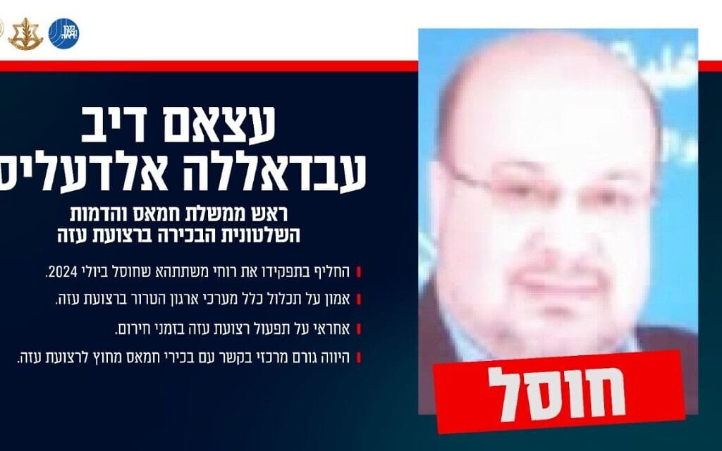 חוסל: המחבל עצאם דיב עבדאללה אלדעליס, ראש ממשלת חמאס והדמות השלטונית הבכירה ברצועת עזה (צילום: דובר צה"ל) חוסל: המחבל עצאם דיב עבדאללה אלדעליס, ראש ממשלת חמאס והדמות השלטונית הבכירה ברצועת עזה (צילום: דובר צה"ל)