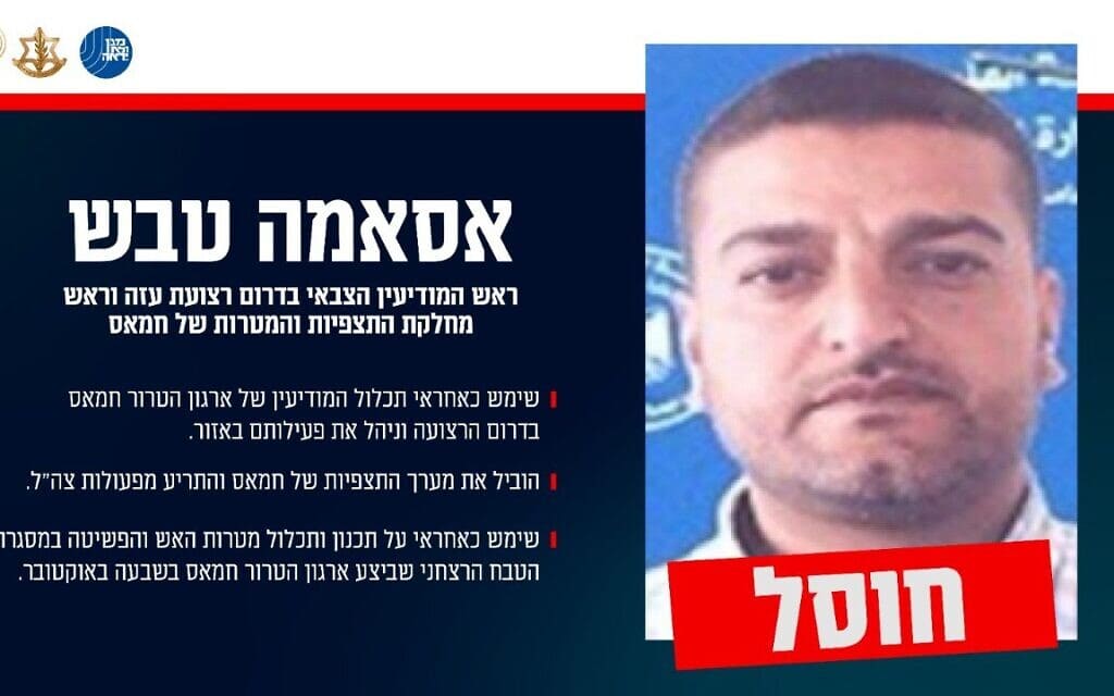 המחבל אסאמה טבש, ראש המודיעין הצבאי בדרום רצועת עזה (צילום: דובר צה"ל) המחבל אסאמה טבש, ראש המודיעין הצבאי בדרום רצועת עזה (צילום: דובר צה"ל)