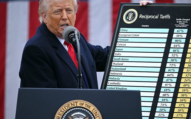 נשיא ארצות הברית דונלד טראמפ אוחז לוח העלאות מכסים על פי מדינות במסגרת "יום השחרור" עליו הכריז. 3 באפריל 2025 (צילום: Brendan SMIALOWSKI / AFP) נשיא ארצות הברית דונלד טראמפ אוחז לוח העלאות מכסים על פי מדינות במסגרת "יום השחרור" עליו הכריז. 3 באפריל 2025 (צילום: Brendan SMIALOWSKI / AFP)