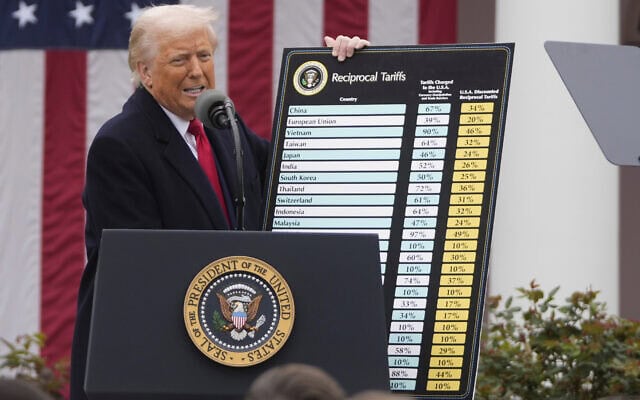 נשיא ארה"ב דונלד טראמפ מציג את המכסים החדשים, 2 באפריל 2025 (צילום: AP Photo/Mark Schiefelbein) נשיא ארה"ב דונלד טראמפ מציג את המכסים החדשים, 2 באפריל 2025 (צילום: AP Photo/Mark Schiefelbein)