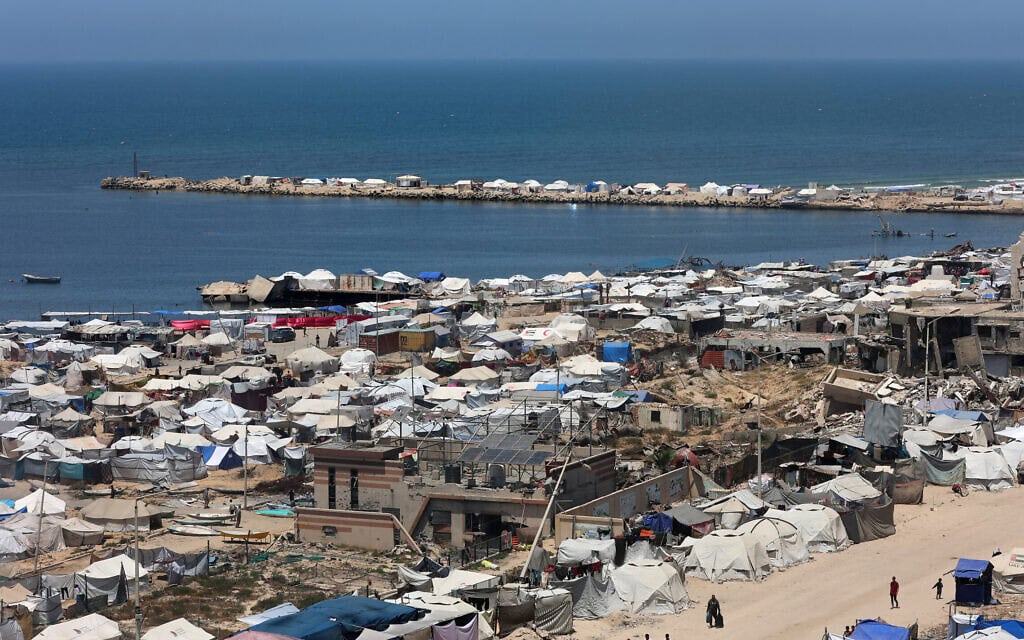 אוהלים הוקמו כמקלטים זמניים לפלסטינים שגורשו מבתיהם לאורך קו החוף של עזה, 25 במאי 2025 (צילום: Omar AL-QATTAA / AFP) אוהלים הוקמו כמקלטים זמניים לפלסטינים שגורשו מבתיהם לאורך קו החוף של עזה, 25 במאי 2025 (צילום: Omar AL-QATTAA / AFP)