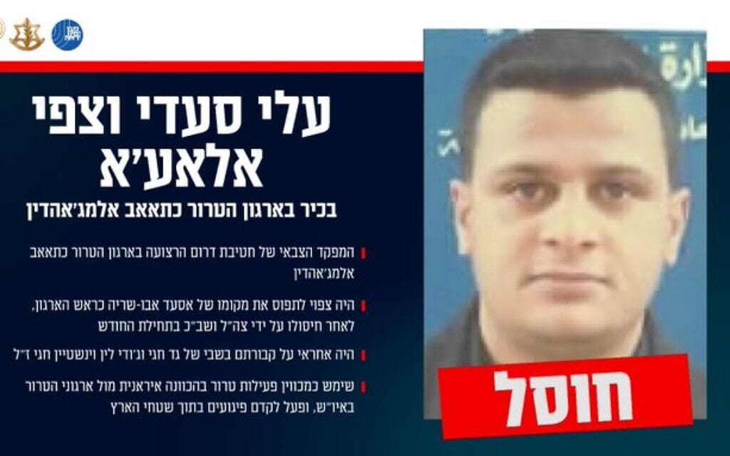 הודעת שב"כ וצה"ל על הריגתו של עלי סעדי וצפי אלאע'א (צילום: שב"כ וצה"ל) הודעת שב"כ וצה"ל על הריגתו של עלי סעדי וצפי אלאע'א (צילום: שב"כ וצה"ל)