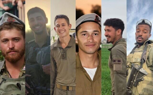 חיילי צה"ל שנהרגו ממטען בנגמ"ש ב-24 ביוני 2025. משמאל לימין: סגן מתן שי ישינובסקי, סמ"ר רונל בן־משה, סמל רונן שפירו, סמל מעיין ברוך פרלשטיין, סמ"ר ניב רדיע וסמל שחר מנואב חיילי צה"ל שנהרגו ממטען בנגמ"ש ב-24 ביוני 2025. משמאל לימין: סגן מתן שי ישינובסקי, סמ"ר רונל בן־משה, סמל רונן שפירו, סמל מעיין ברוך פרלשטיין, סמ"ר ניב רדיע וסמל שחר מנואב