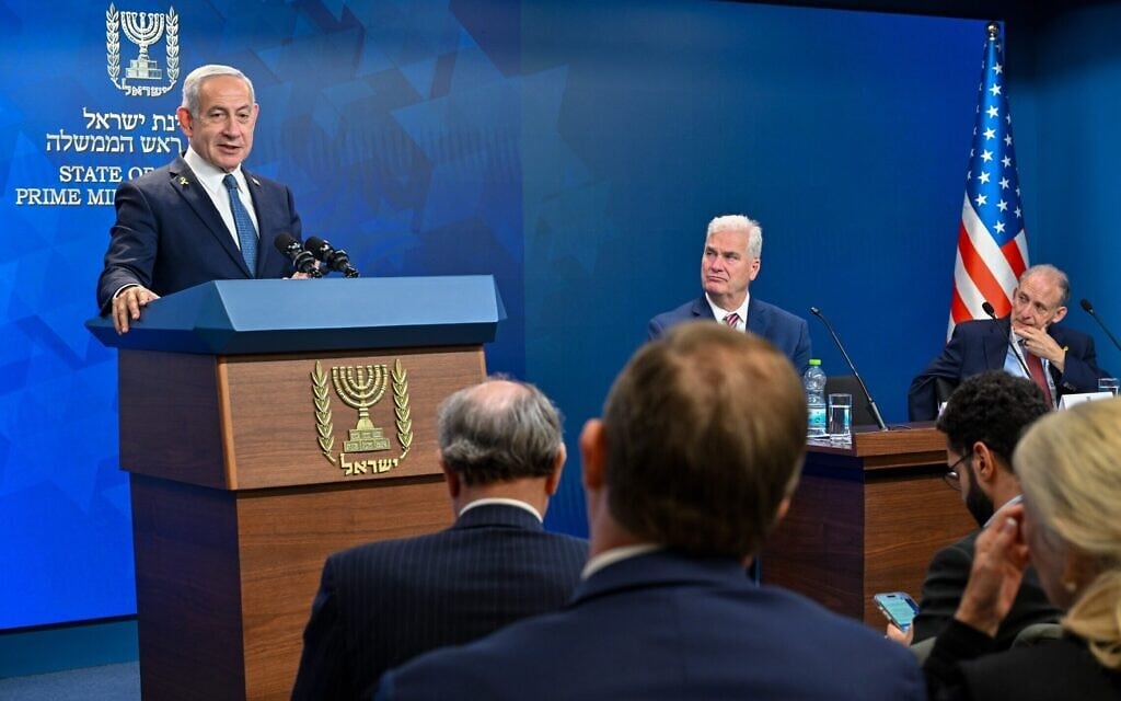 ראש הממשלה בנימין נתניהו נושא דברים בפני משלחת של חברי קונגרס רפובליקנים מטעם איפא"ק, 5 באוגוסט 2025 (צילום: קובי גדעון / לע"מ) ראש הממשלה בנימין נתניהו נושא דברים בפני משלחת של חברי קונגרס רפובליקנים מטעם איפא"ק, 5 באוגוסט 2025 (צילום: קובי גדעון / לע"מ)