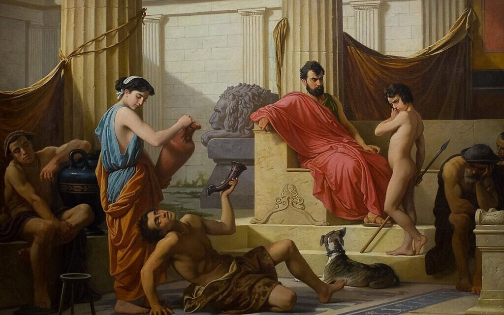 חינוך ספרטני - אילוץ העבדים ההלוטים להשתכר כדי להדגים את השפעות האלכוהול לילדי ספרטה, 1850 (צילום: ציור של Pierre-Selim Huard, ויקימדיה)