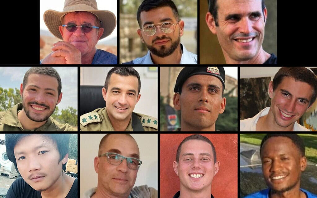 11 החללים החטופים נכון ל־30 באוקטובר 2025: (שורה עליונה, מימין) דרור אור, רן גואילי, מני גודארד; (שורה שנייה) הדר גולדין, עוז דניאל, אסף חממי, איתי חן; (שורה תחתונה) ג'ושוע מולל, עומר נאוטרה, ליאור רודאיף, סודתיסאק רינתלאק 11 החללים החטופים נכון ל־30 באוקטובר 2025: (שורה עליונה, מימין) דרור אור, רן גואילי, מני גודארד; (שורה שנייה) הדר גולדין, עוז דניאל, אסף חממי, איתי חן; (שורה תחתונה) ג'ושוע מולל, עומר נאוטרה, ליאור רודאיף, סודתיסאק רינתלאק