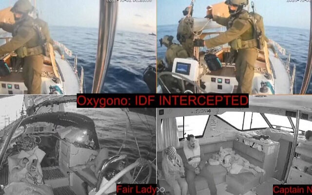 חיילי צה"ל עולים על סיפון כלי השיט "Oxygono", אחד מספינות משט שנועדו לפרוץ את המצור הישראלי על רצועת עזה כפי שנראו בשידור החי מהמשט. 2 באוקטובר 2025 (צילום: Global Sumud Flotilla / AFP) חיילי צה"ל עולים על סיפון כלי השיט "Oxygono", אחד מספינות משט שנועדו לפרוץ את המצור הישראלי על רצועת עזה כפי שנראו בשידור החי מהמשט. 2 באוקטובר 2025 (צילום: Global Sumud Flotilla / AFP)