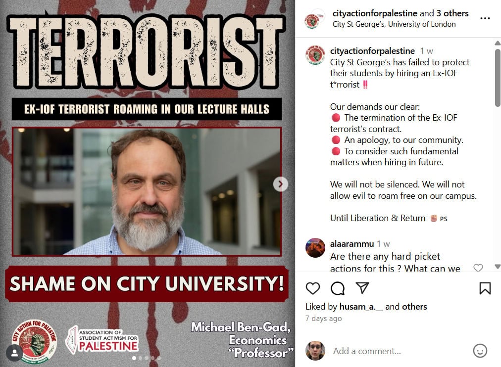 פוסט באינסטגרם של ארגון פרו-פלסטיני המאשים את פרופ' מיכאל בן-גד בהיותו טרוריסט. 20 באוקטובר 2025 (צילום: צילום מסך, אינסטגרם)